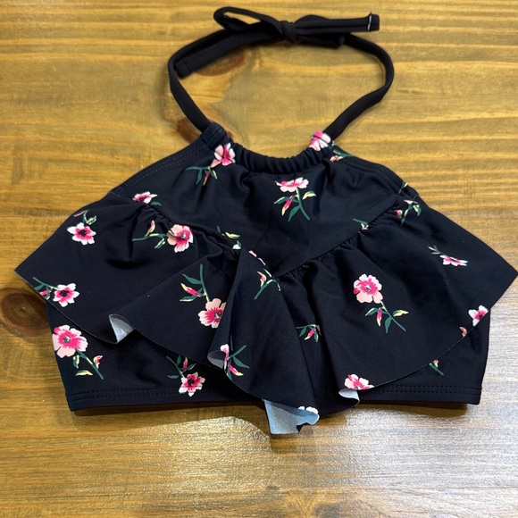 Kanu Surf Black and Pink Floral Ruffle Halter Bikini swim Top - Picture 1 of 4